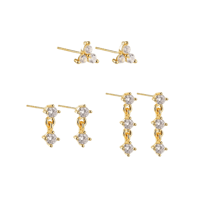 18K Gold 3-Piece Plated Stud Dainty Cubic Zirconia Earring Set 🇬🇧