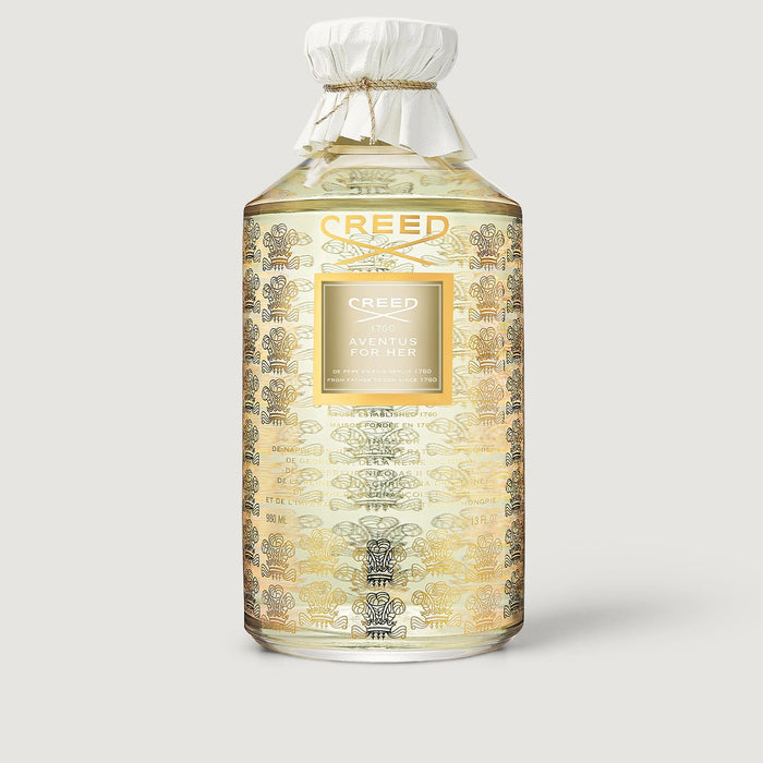 Creed Aventus For Her 980ml Grand Flacon - Gold Heritage Embossed Glass Bottle Front View | Creed Fragrances