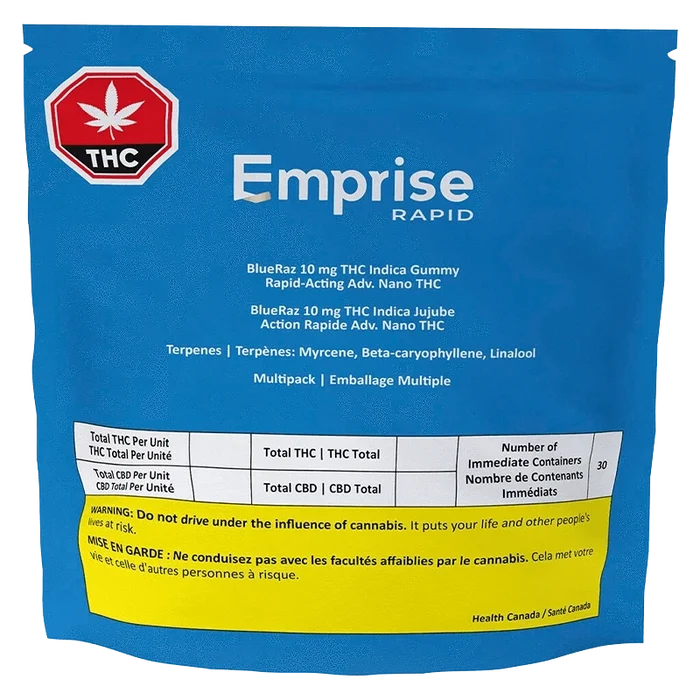 Rear view of the blue pouch packaging showing the Emprise Rapid BlueRaz THC Gummies label, dosage text, and a yellow warning block.