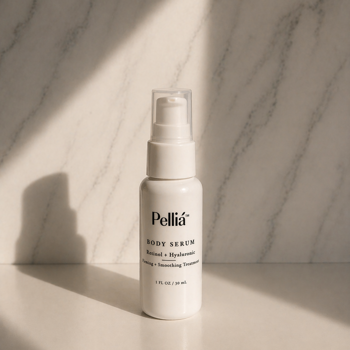 min body serum bottle on a marble background