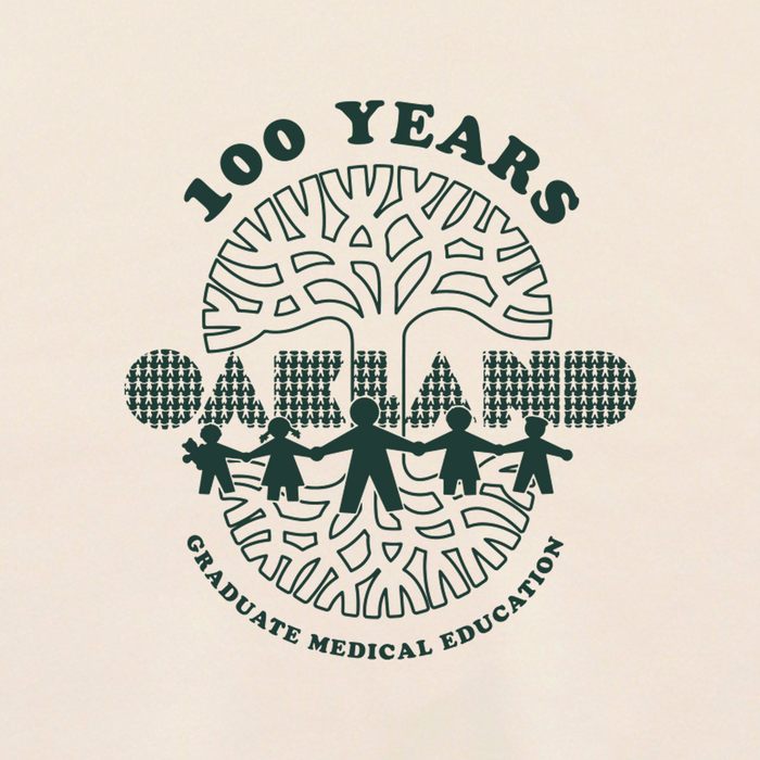 A circular logo on the Century of Caring Crew by Oaklandish features “100 Years” above a stylized tree, with “Oakland” and silhouettes of people holding hands in tribute to UCSF Benioff Children’s Hospital Oakland; below, it reads “Graduate Medical Education.” The dark green design on a light background is inspired by the spirit of the Oaklandish Centennial tee.