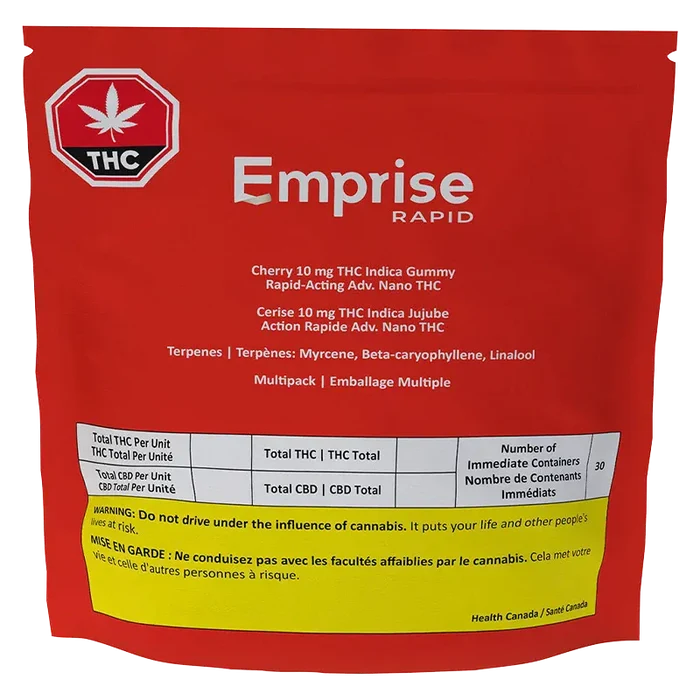 Front view of a red pouch labeled Emprise Rapid Cherry THC Gummies with white text, warning band and THC symbol at top left.