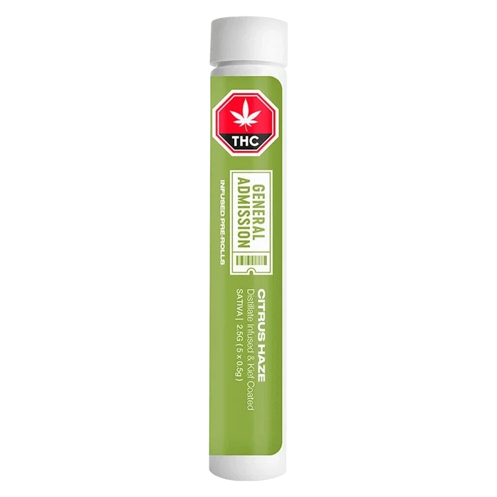 Vertical studio shot of the Citrus Haze Distillate Infused PR 5 x 0.5g tube with green label, white caps, and a red THC stop sign logo.