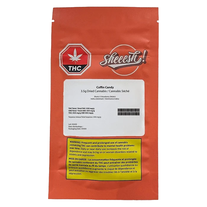 Front-facing shot of the red package labeled "Coffin Candy" with a white product information panel, THC icon, and yellow warning box.