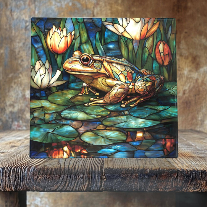 Colorful Frog on Lily Pads Porcelain Tile – Stained Glass-Style Pond Art
