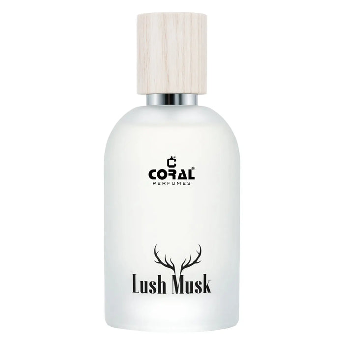 Unisex Coral Lush Musk EDP by Bin Kamal Perfumes in a 50ml bottle, featuring a soft, musky fragrance with coral accents.