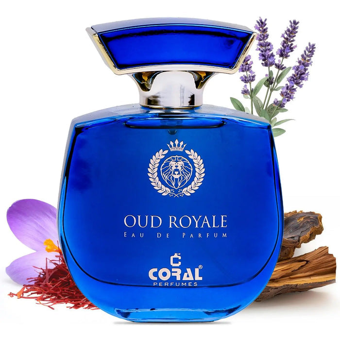 Unisex Coral Oud Royale perfume bottle by Bin Kamal Perfumes, 100ml, elegant glass container with intricate design.