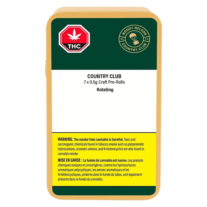 Top-down view of the Country Club PR 7 x 0.5 g rectangular tin with green, white and yellow label and THC symbol.