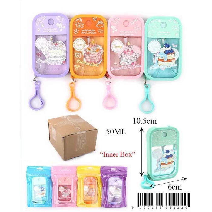Cute Desserts Moisturizing Hand Sanitizer Spray Set – 50ml Portable Travel Size with Keychain Clips (12pc Bulk Box) (ANV-1793)