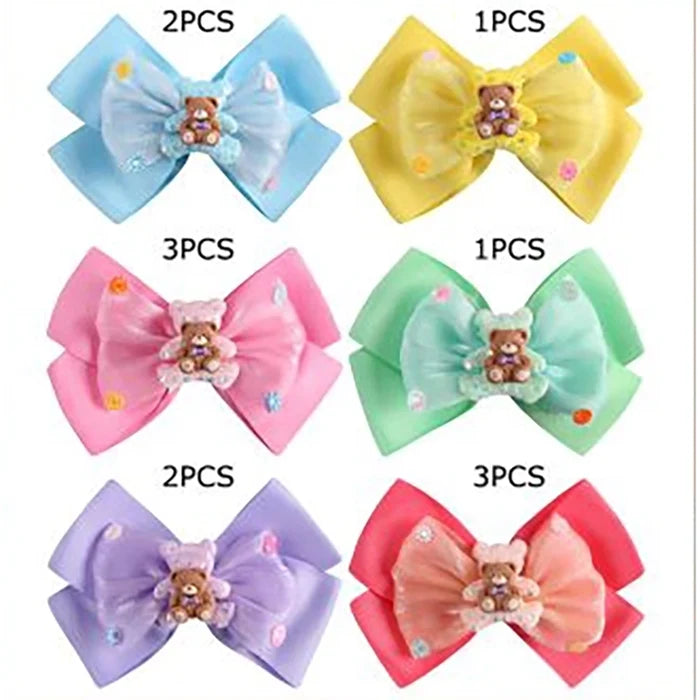 Cute Teddy Bear Layered Hair Bow Clips Set – Oversized Pastel Organza & Grosgrain Hair Accessories for Girls, Toddlers & Kids (HC-26968A)