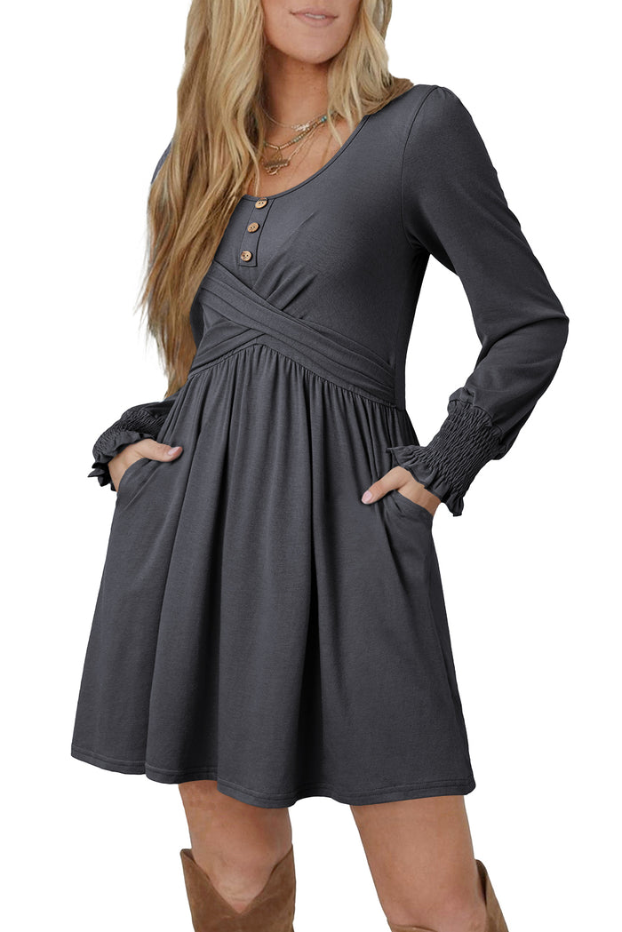 Dark Grey Shirred Cuff Long Sleeve Button Round Neck Mini Dress 🇺🇸