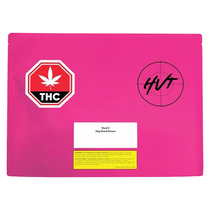 Flat front view of the bright pink Dual Z pouch with a white label, THC stop-sign icon at left and target logo at right