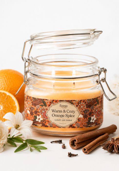 Eternia jar candle in clear glass with amber-orange wax, double wick and spice label