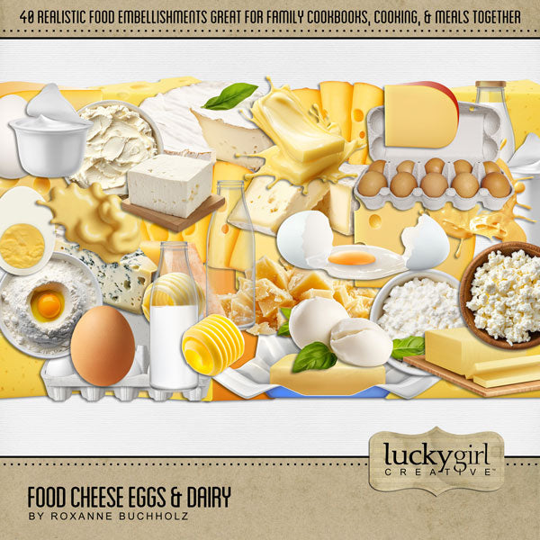 Accent all your favorite food, kitchen, restaurant, and cookbook pages with these realistic cheese, eggs, and dairy embellishments by Lucky Girl Creative digital art for digital scrapbooking. Perfect for creating family cookbooks and recipe cards - the best holiday gifts ever! Great for the chef, cooking, and family dinners!