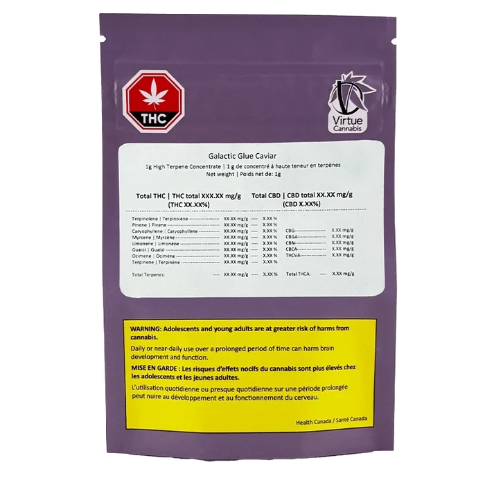 Rear view of the purple pouch showing the Galactic Glue Caviar label, terpene table and a yellow Health Canada warning panel.