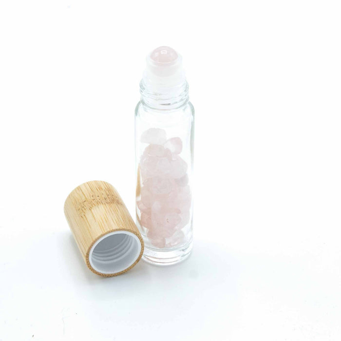 Gemstone Essential Oil Roller Bottle - Rose Quartz - Wooden Cap 🇬🇧