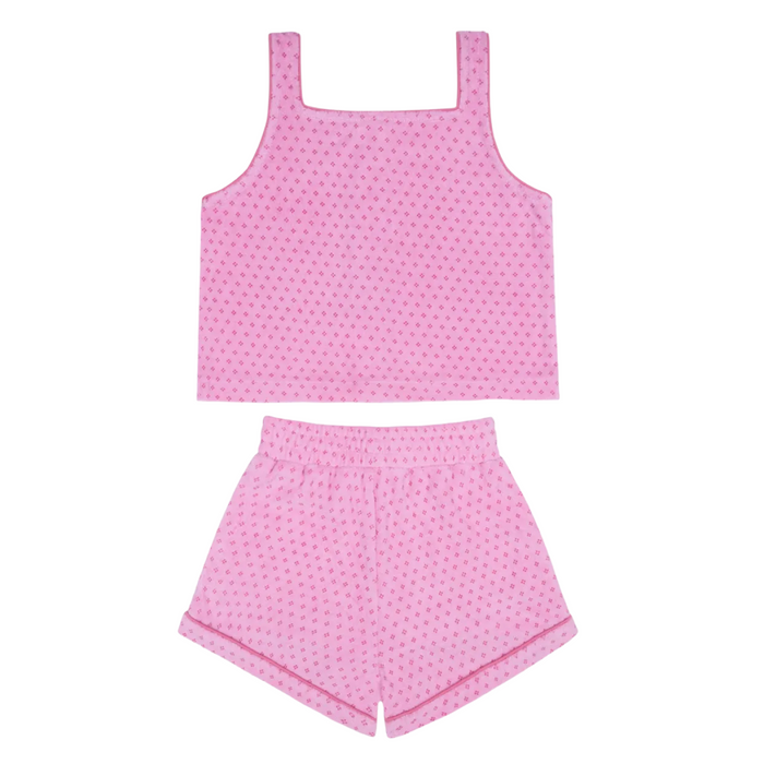 girls blush dot french terry button tank and short set