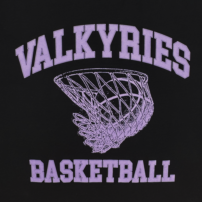 The image on the GSV Golden State Valkyries Rec League Tee features "VALKYRIES" in bold purple above a stylized net, with "BASKETBALL" in white belowโshowcasing Golden State Valkyries pride.