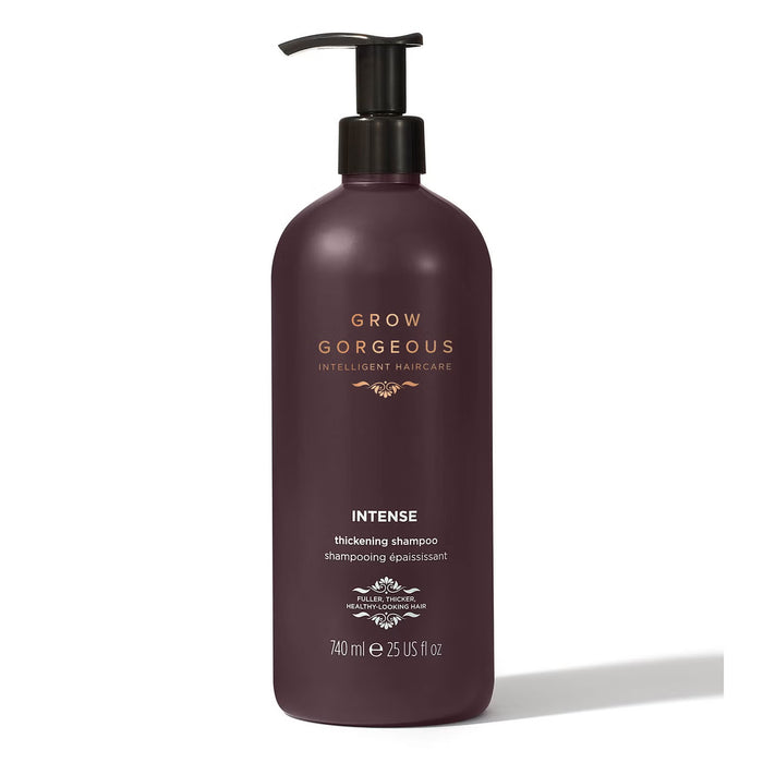 Grow Gorgeous Intense Thickening Shampoo bottle in a 740ml size, designed to add volume and fullness to hair.