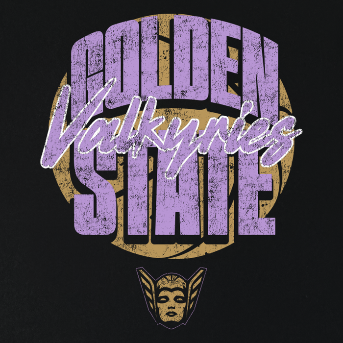 The GSV Fade Away Tee by GSV features distressed purple and gold text reading โGOLDEN STATE Valkyriesโ on a black background. Beneath the text is a small graphic of a winged, helmeted female face inspired by Valkyries, all styled in a vintage, bold sports logo design. Printed on a 100% cotton, classic-fit t-shirt, this tee is perfect for any Golden State Valkyries fan.