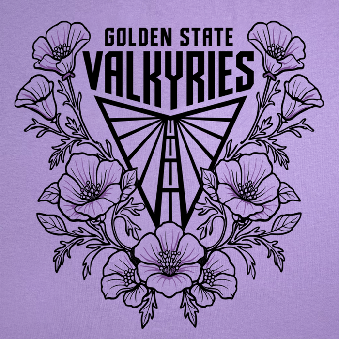 Black outlined poppy flowers encircle a stylized triangular emblem with wing-like shapes, with bold โGOLDEN STATE VALKYRIESโ text above. This eye-catching design is featured on the GSV Poppies Teeโa lavender, garment-dyed t-shirt from GSV, made from 100% cotton for superior comfort and quality.