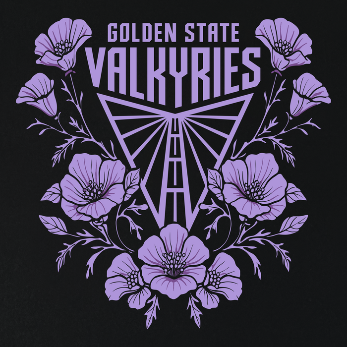 The GSV Poppies Tee by GSV features a symmetrical and elegant design with a stylized purple butterfly and poppy flowers framing bold โGolden State Valkyriesโ text on a black background. This classic fit t-shirt is crafted from 100% cotton.