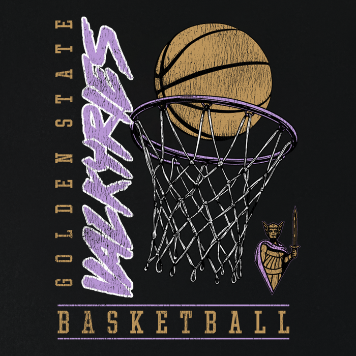 Show your team spirit with the GSV Swish Tee by GSV. This classic fit, 100% cotton t-shirt features an eye-catching illustration of a basketball swishing through a hoop, with โGOLDEN STATE VALKYRIESโ displayed vertically and diagonally in bold gold and purple lettering. โBASKETBALLโ appears below in gold, while a striking, purple-armored valkyrie holding a spear stands beside the hoop. Celebrate Golden State Valkyries pride and enjoy everyday comfort with this unique design.