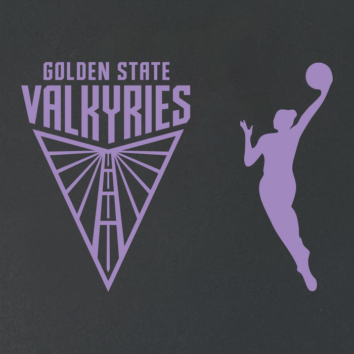 Show your support for the Golden State Valkyries with the GSV Varsity Tee from GSV. Featuring a bold purple โGolden State Valkyriesโ logo above a stylized triangular wing, this classic fit t-shirt also displays a striking purple silhouette of a basketball player in mid-jump, arm raised with ball in hand, all set against a dark background. Made from 100% cotton, itโs the perfect choice for any Valkyries fan.