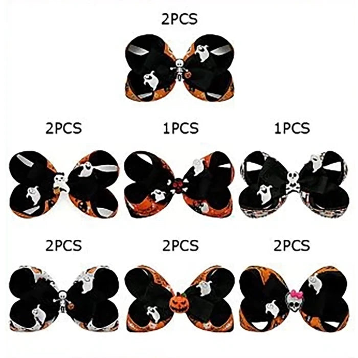 Halloween Grosgrain Hair Bow Set - 15cm Spooky Pumpkin & Ghost Hair Clips for Girls & Kids (HWH-1127)