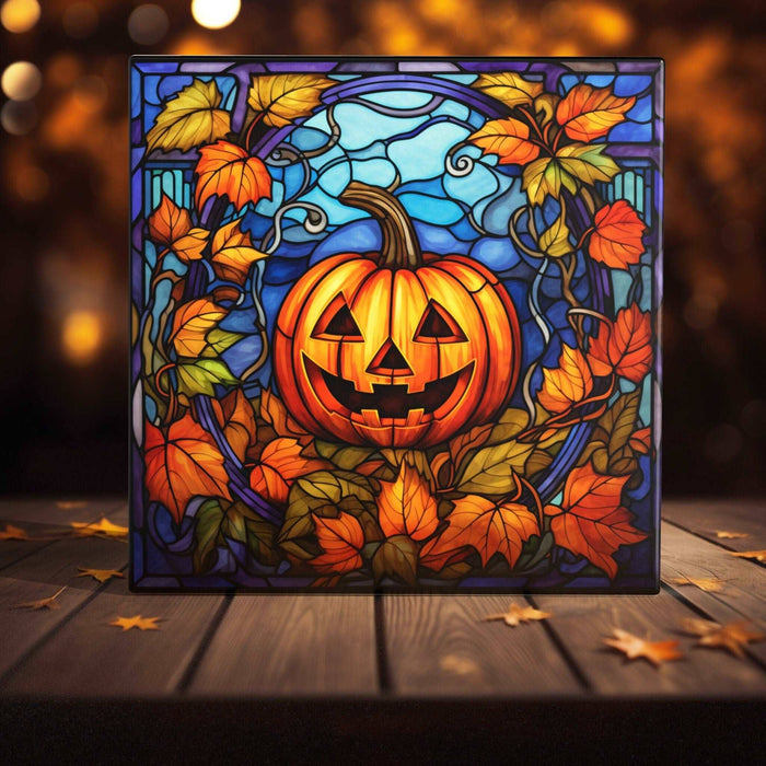 Halloween Harvest Stained Glass Style Tile: Artisan-Crafted Pumpkin Art