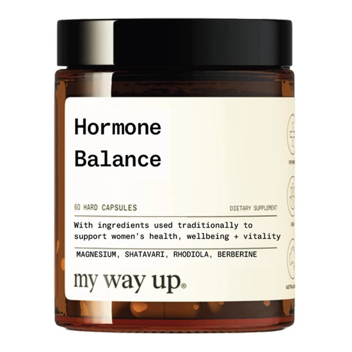 Supplement jar labeled 'Hormone Balance' by 'my way up' on a white background