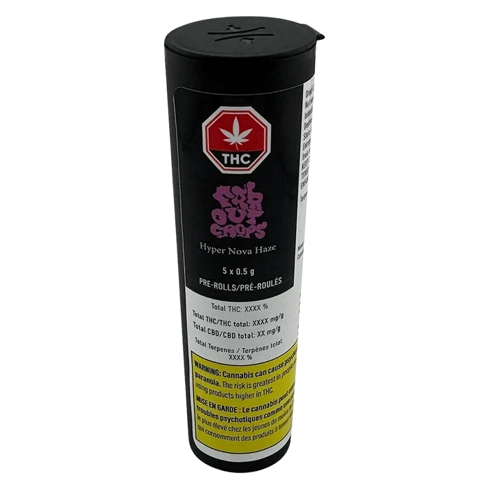 Tall front-facing black tube labeled HyperNova Haze PR 5 x 0.5 g with a red THC octagon, purple logo, and yellow warning panel.