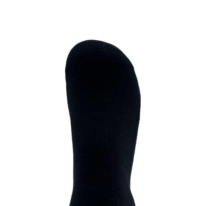 Close-up of the toe of a black Oaklandish crew sock.