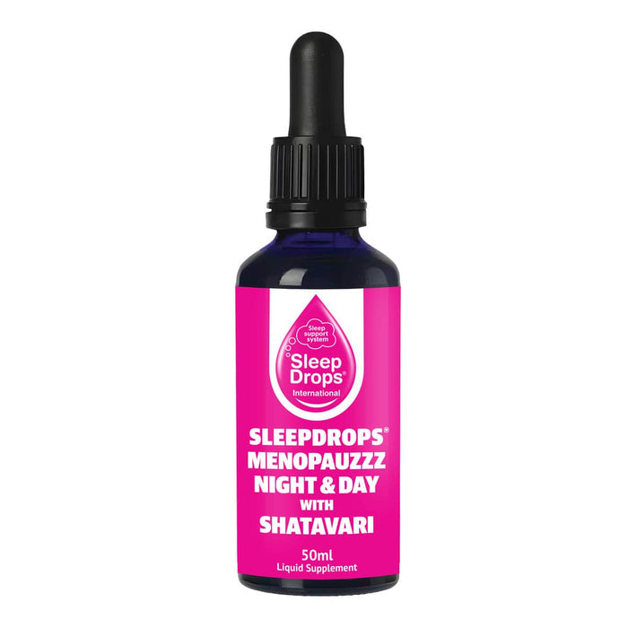 Bottle of Sleepdrops Menopauzzz Night & Day with Shatavari on a white background.
