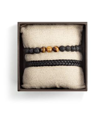Mens Leather Bracelet Set Black