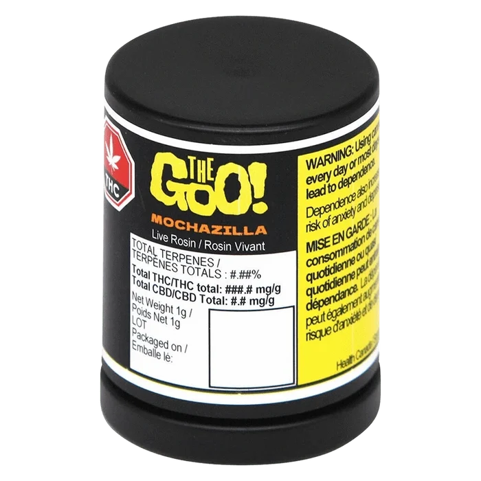 Angled front view of a black jar labeled "Mochazilla Live Rosin" with bold yellow and white product and warning panels.