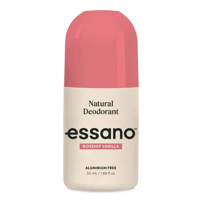 A roll-on deodorant bottle by essano, featuring a dusty pink cap and a cream-colored label with black text that reads 'Natural Deodorant', 'essano', and 'ROSEHIP VANILLA'.