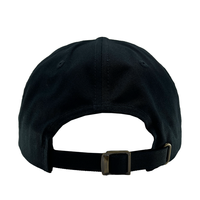 The OAC Script Dad Hat by OAC, shown from the back against a plain white background, features a classic black design with an adjustable strap and metal buckle for effortless size adjustment. Two sewn eyelets on the rear panels highlight its timeless Oakland Athletic Club style.