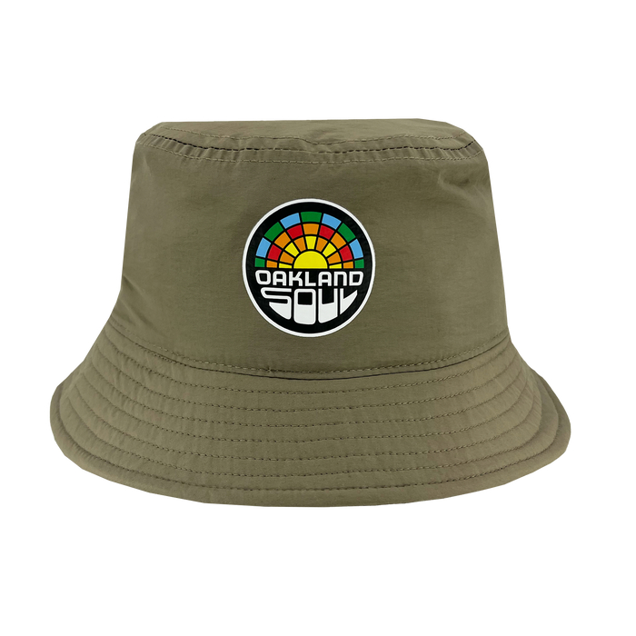 The Oakland Soul Logo Bucket Hat by Oakland Soul showcases an olive green design with a vibrant, circular rainbow logo on the front. The mosaic-like logo includes segments in red, orange, yellow, green, and blue and features "OAKLAND SOUL" in white, celebrating the women's soccer team that promotes social good. The hat is finished with a downward-sloping brim and detailed stitching for added style.