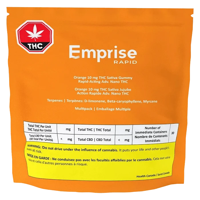 Back-facing view of the orange packaging of Emprise Rapid Orange THC Gummies showing product text, THC warning label, and a red THC symbol.
