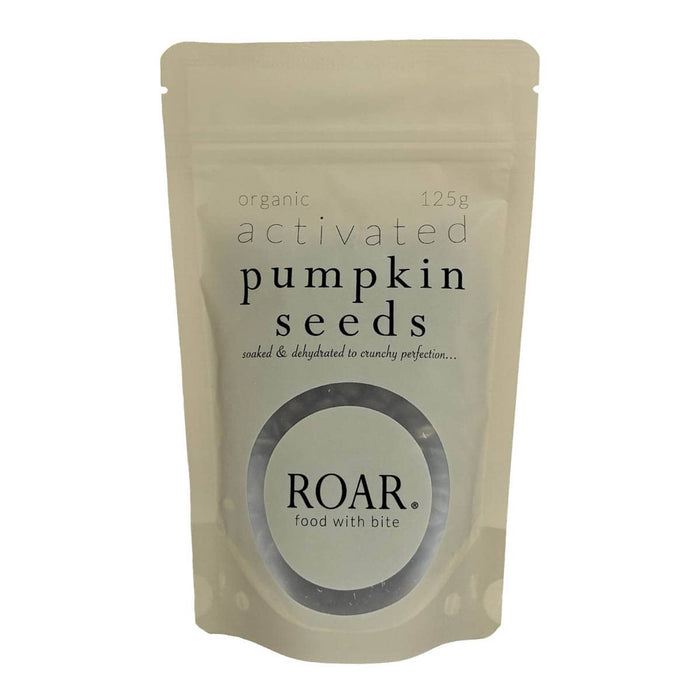 125g package of ROAR organic activated pumpkin seeds on a white background