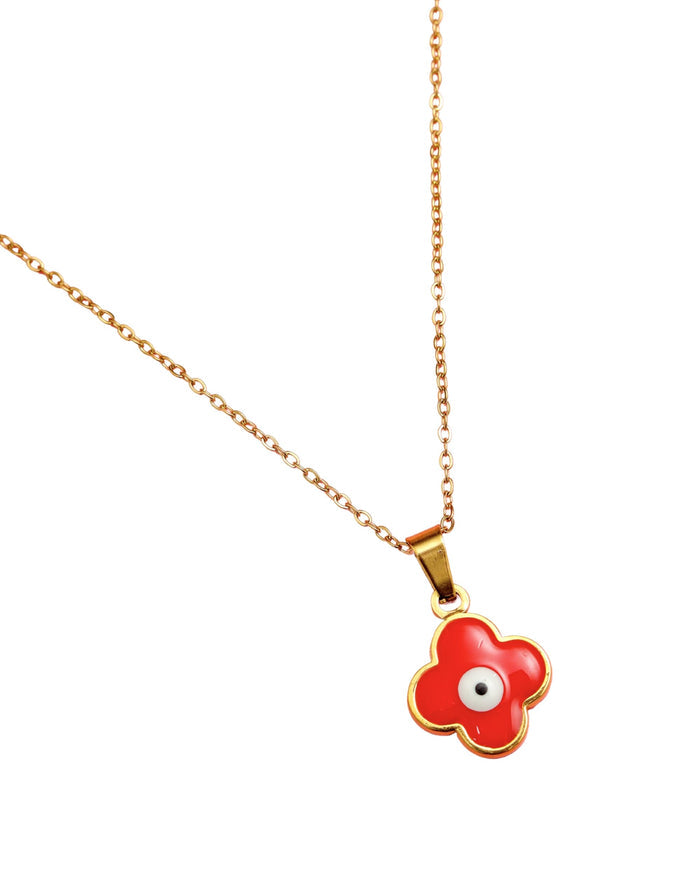 Gold-tone chain necklace with red clover evil-eye charm pendant