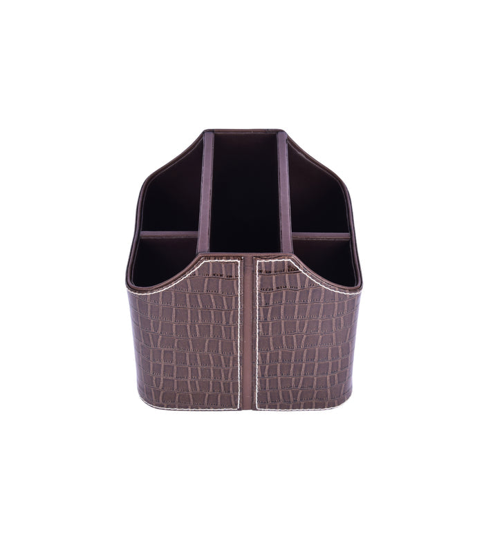 Leatherette cutlery holder in dark brown croc-texture, 5-compartment divider