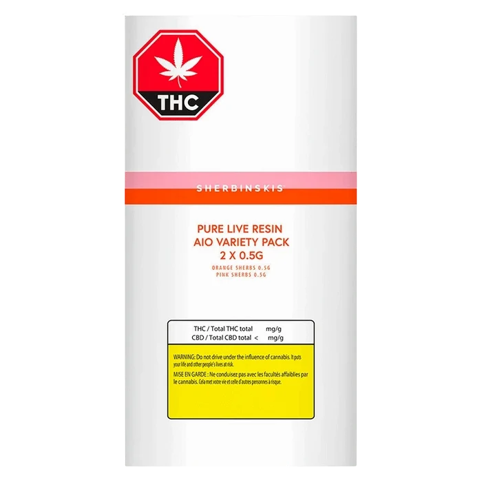 Front-facing product shot of the Pure Live Resin AIO Variety Pack Disposable Vape white pouch with red THC octagon and orange-pink branding band.