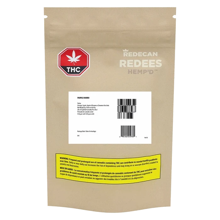 Front view of a beige pouch labeled Purple Churro Redees Hemp'd PR 20 x 0.4 g with a red THC stop-sign logo and a warning panel.