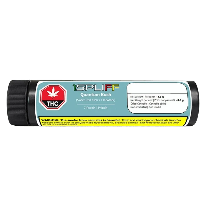 Cylinder-shaped black tube photographed straight-on showing the teal label of 1SPLIFF Quantum Kush PR 7 x 0.5 g with THC symbol and yellow warning strip.