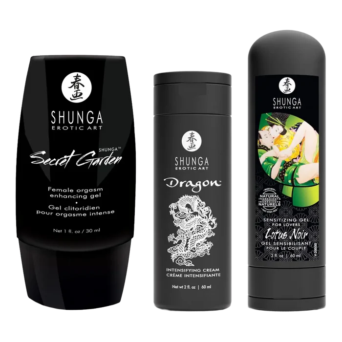 Shunga Erotic Art orgasme-geler i Secret Garden, Dragon og Lotus Noir varianter med svart emballasje