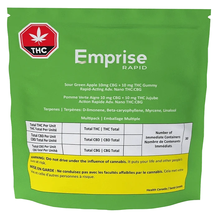Front-facing shot of the green Emprise Rapid Sour Green Apple Gummies pouch with white text, a red THC symbol at top left, and a yellow warning band near the bottom.