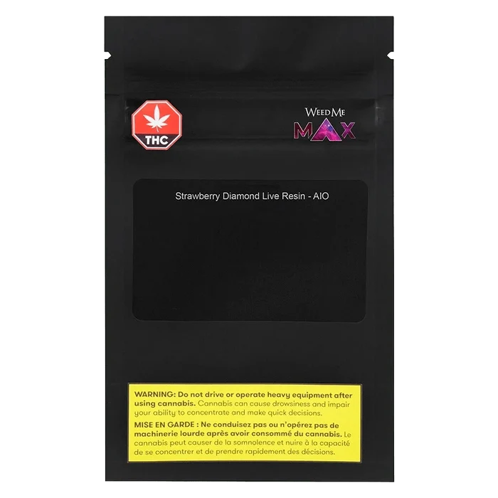 Centered front view of the black pouch packaging for Strawberry Cough Diamond Live Resin AIO Disposable Vape, showing a THC symbol, WeedMe Max logo, and a yellow warning panel.