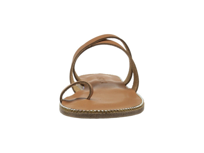 Sunset Blvd Swarovski tan, handmade leather sandals slide - front View